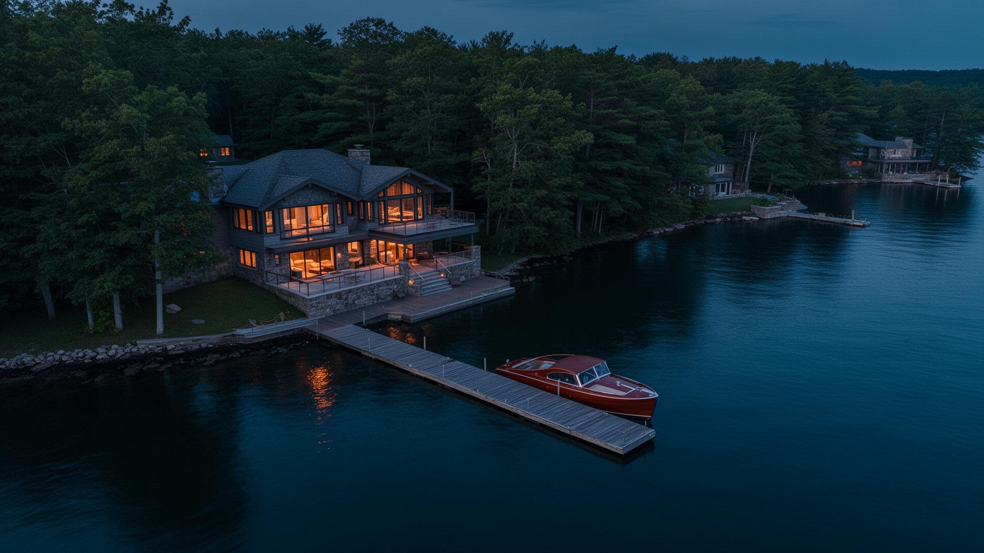 Waterfront lakehouse at twilight in the Thousand Islands
